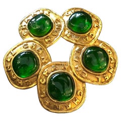 1980s Vintage CHANEL Gold Toned Green Gripoix Brooch