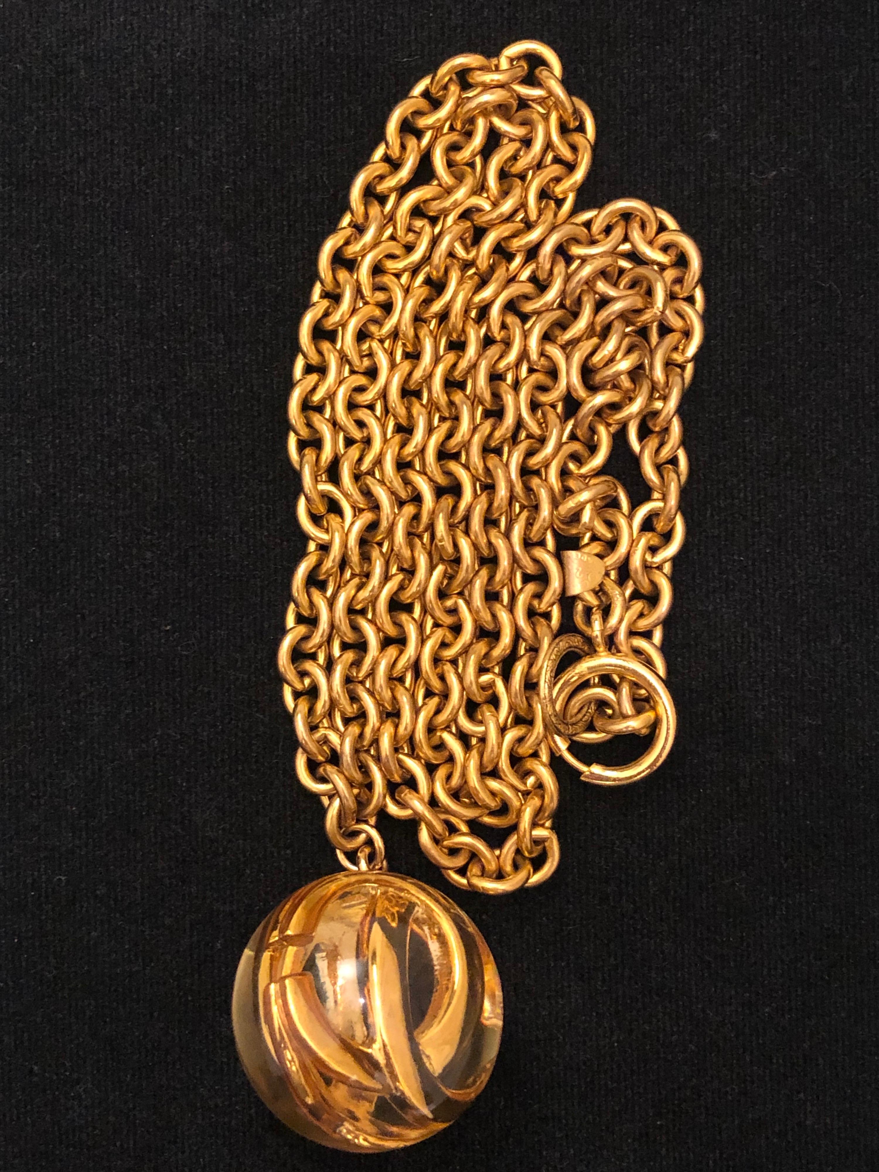 1980s Chanel Gold Toned Long Chain Necklace with CC Resin Ball Charm 3