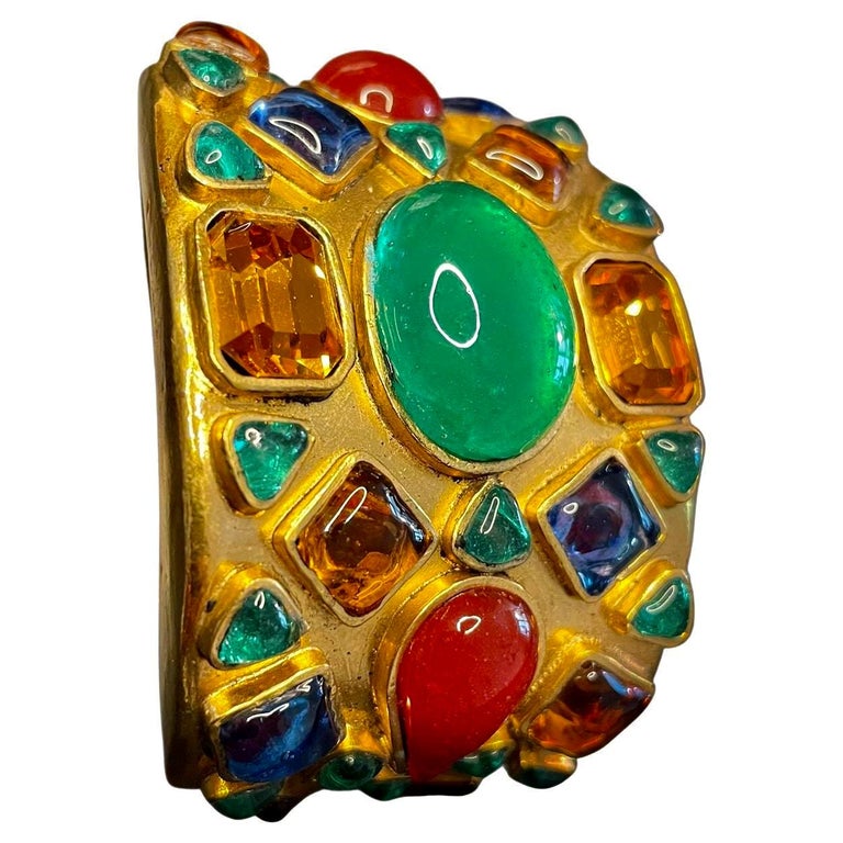 1980s Vintage CHANEL Gold Toned Multicolored Gripoix Poured Glass Bracelet Cuff  For Sale 2