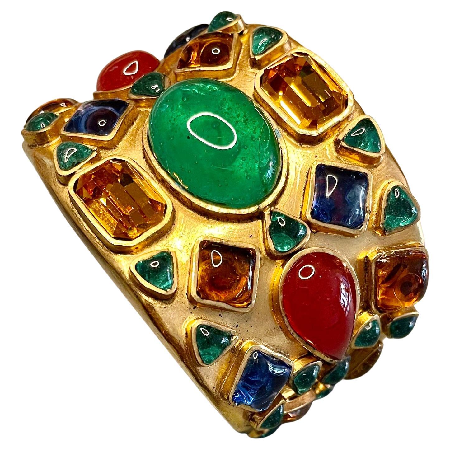 1980s Vintage CHANEL Gold Toned Multicolored Gripoix Poured Glass Bracelet Cuff  For Sale