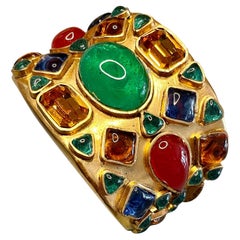 1980s Vintage CHANEL Gold Toned Multicolored Gripoix Poured Glass Bracelet Cuff 