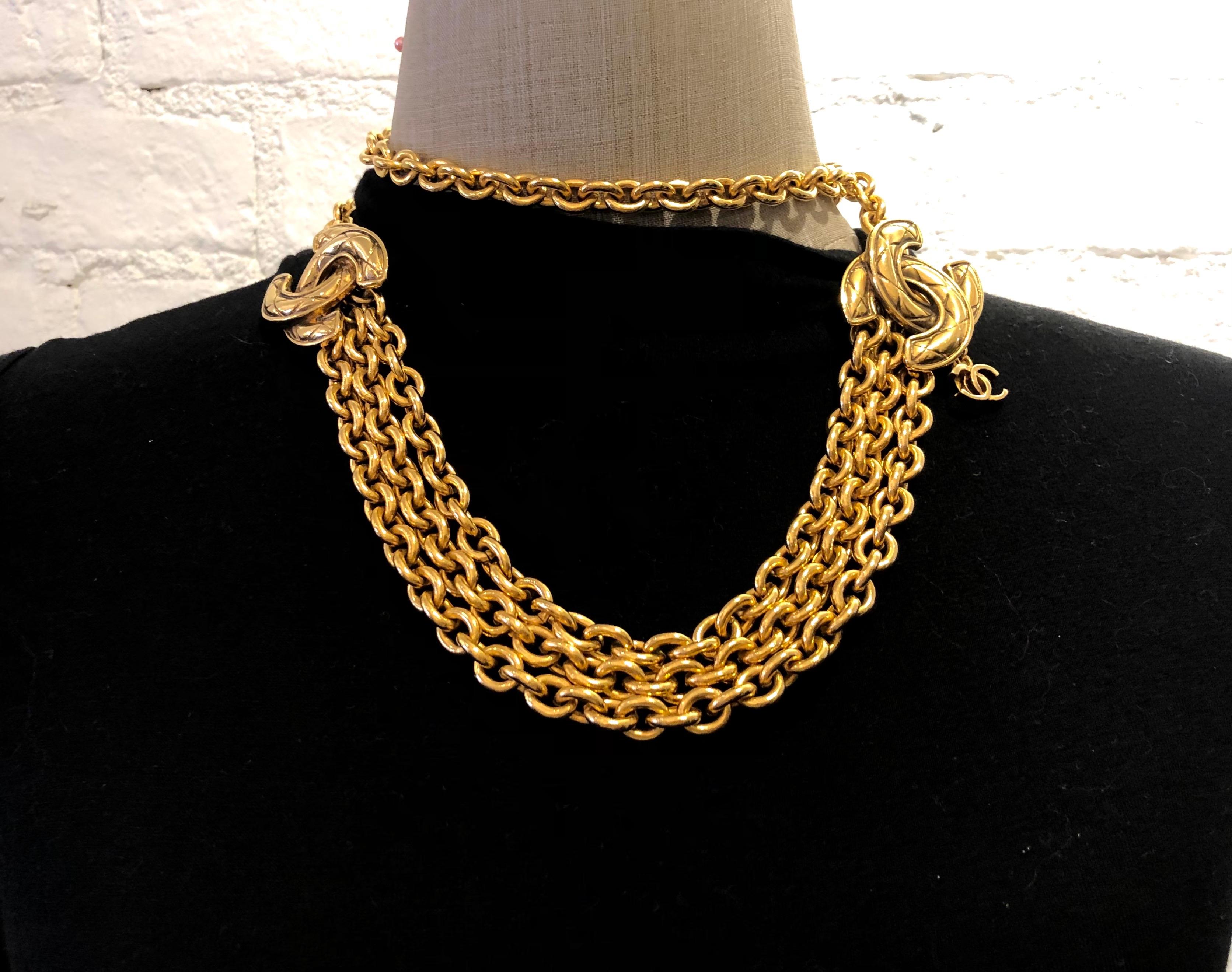 1980s Vintage CHANEL Gold Toned Quilted CC Triple Chain Belt  3