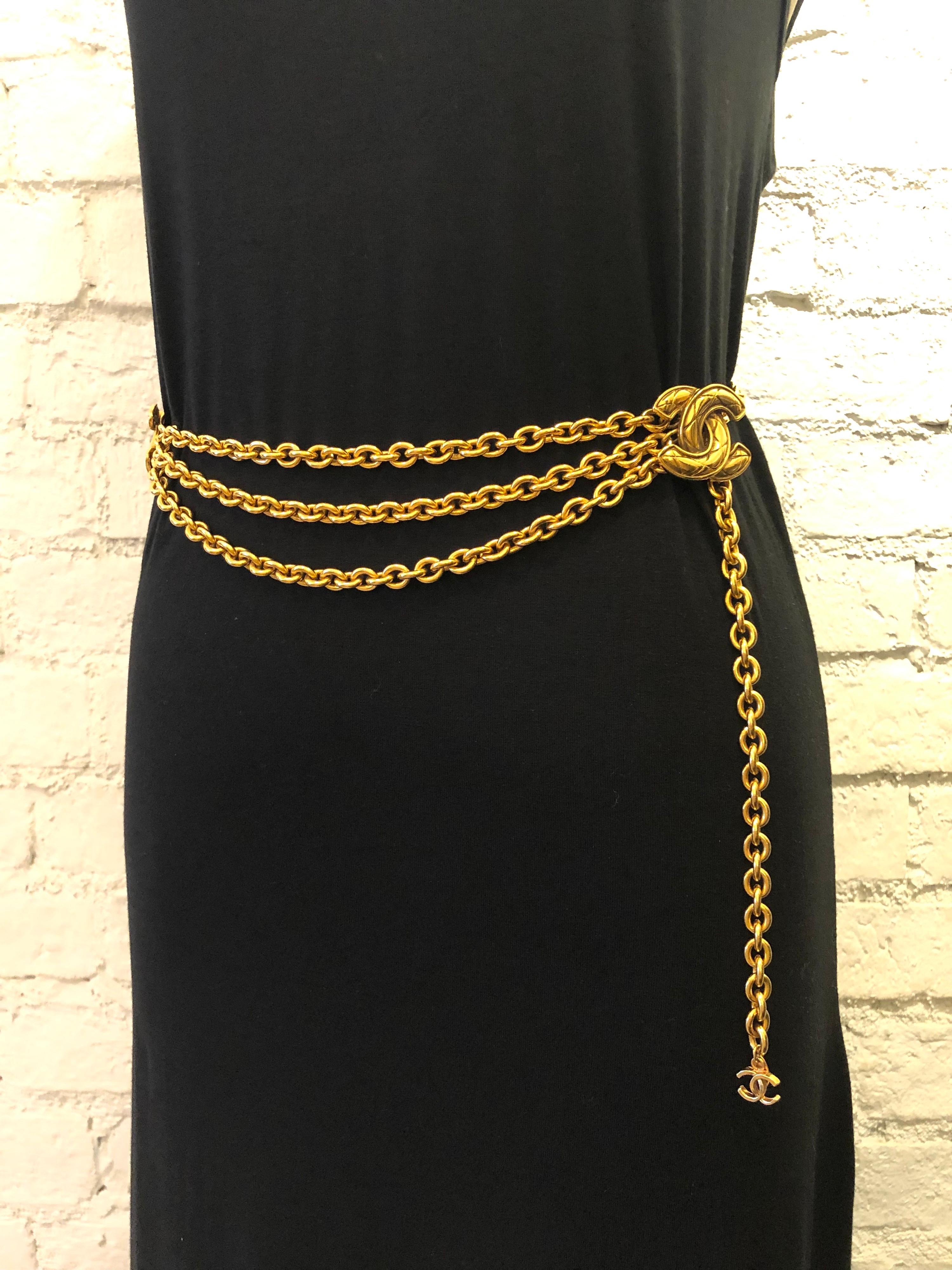 1980s Vintage CHANEL Gold Toned Quilted CC Triple Chain Belt  4