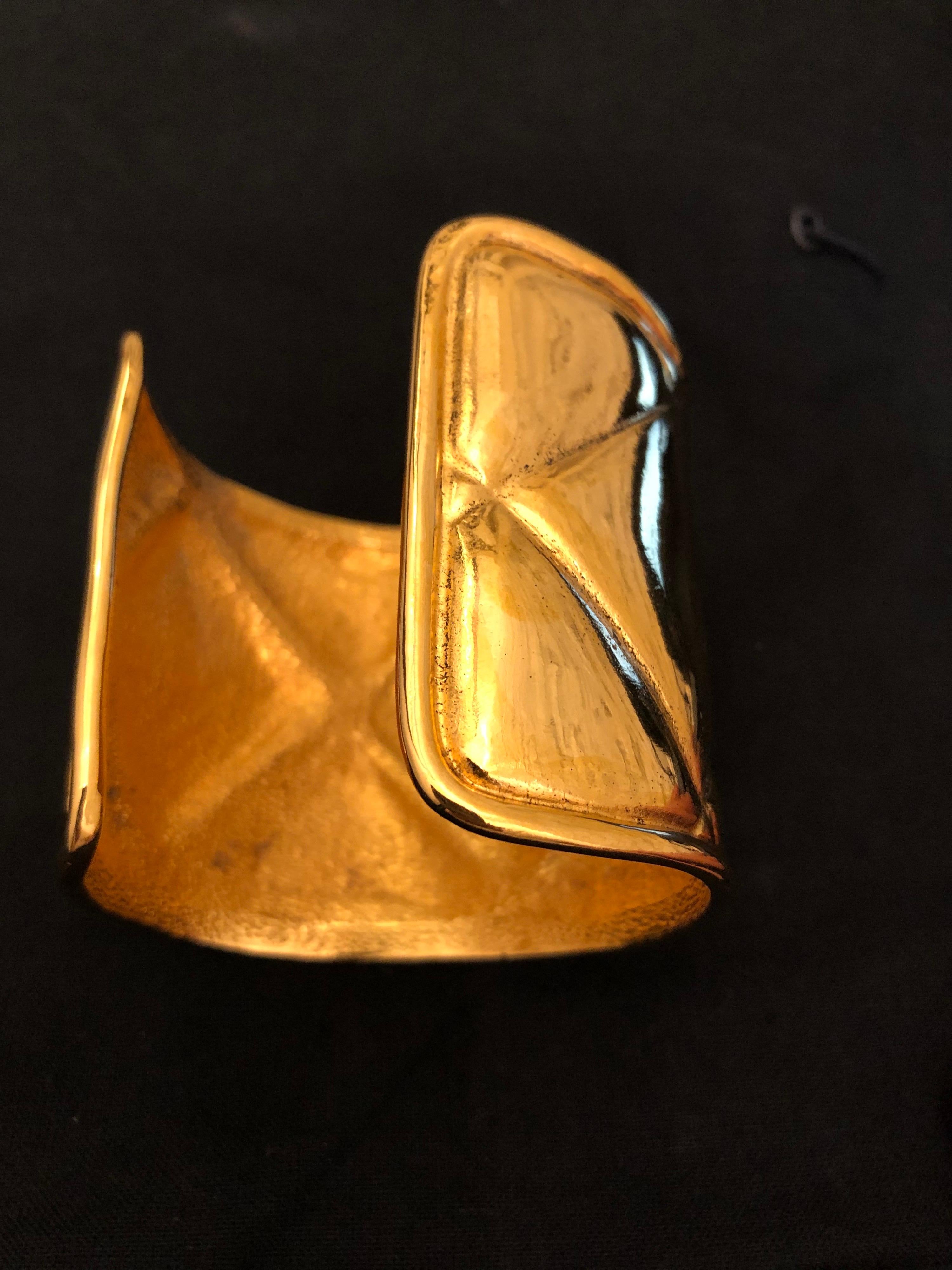 1980s Chanel Gold Toned Quilted Cuff Bangle 1