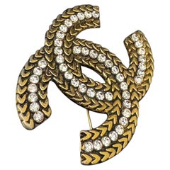 1980s CHANEL Gold Toned Rhinestone CC Brooch