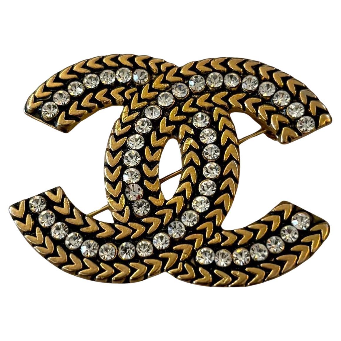 1980s CHANEL Gold Toned Rhinestone CC Brooch