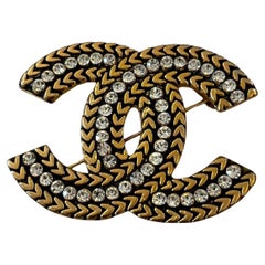 1980s CHANEL Gold Toned Rhinestone CC Brooch