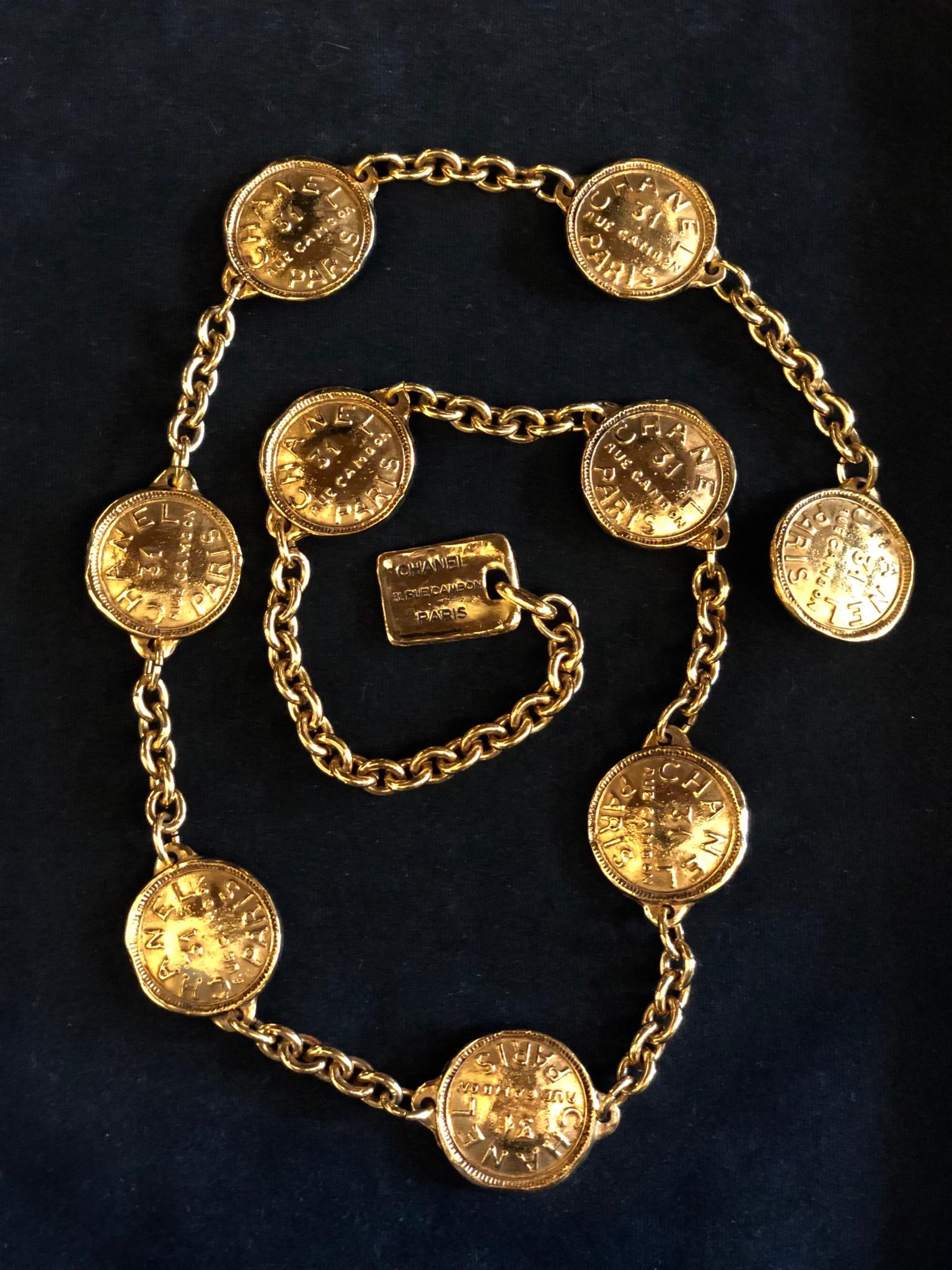 1980s Vintage Chanel Gold Toned Rue Cambon 31 Paris Medallion Charm Belt  1