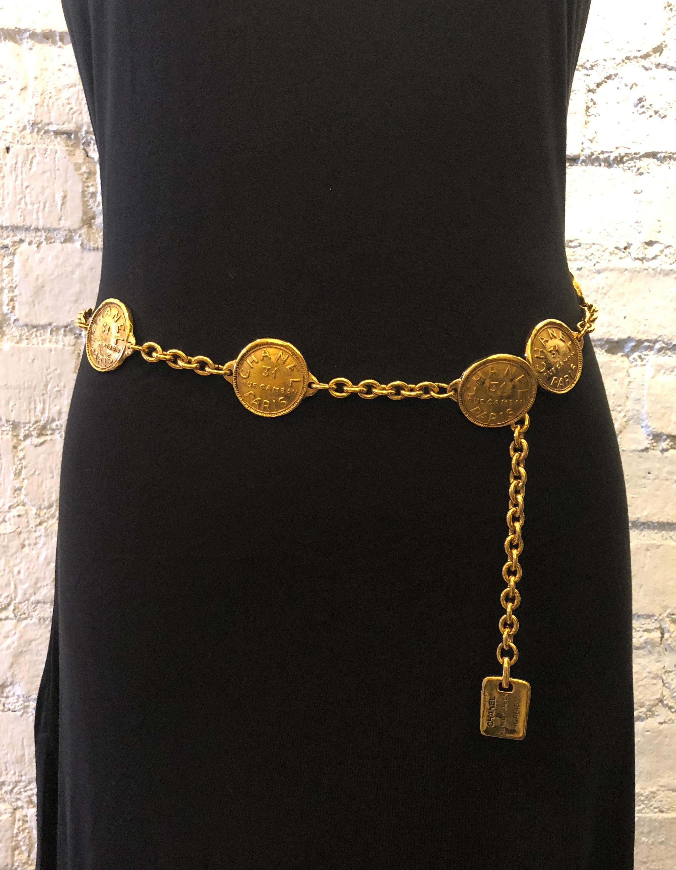 1980s Vintage Chanel Gold Toned Rue Cambon 31 Paris Medallion Charm Belt  2