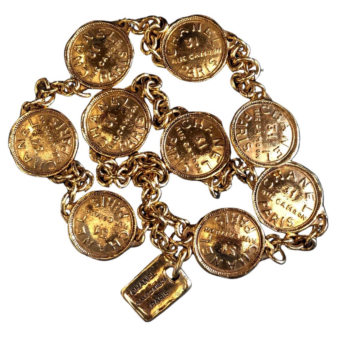 1980s Chanel Gold Toned Rue Cambon 31 Paris Medallion Charm Belt 