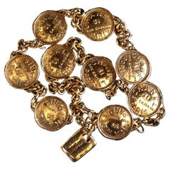 1980s Vintage Chanel Gold Toned Rue Cambon 31 Paris Medallion Charm Belt 