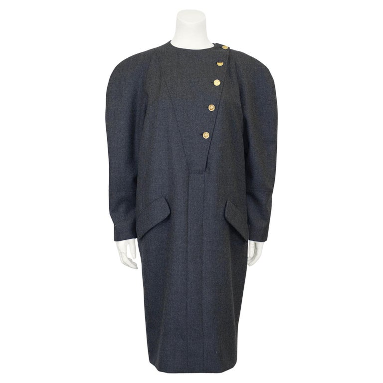 chanel grey dress 1980s Chanel Grey Wool Dress with Coco Chanel Buttons
