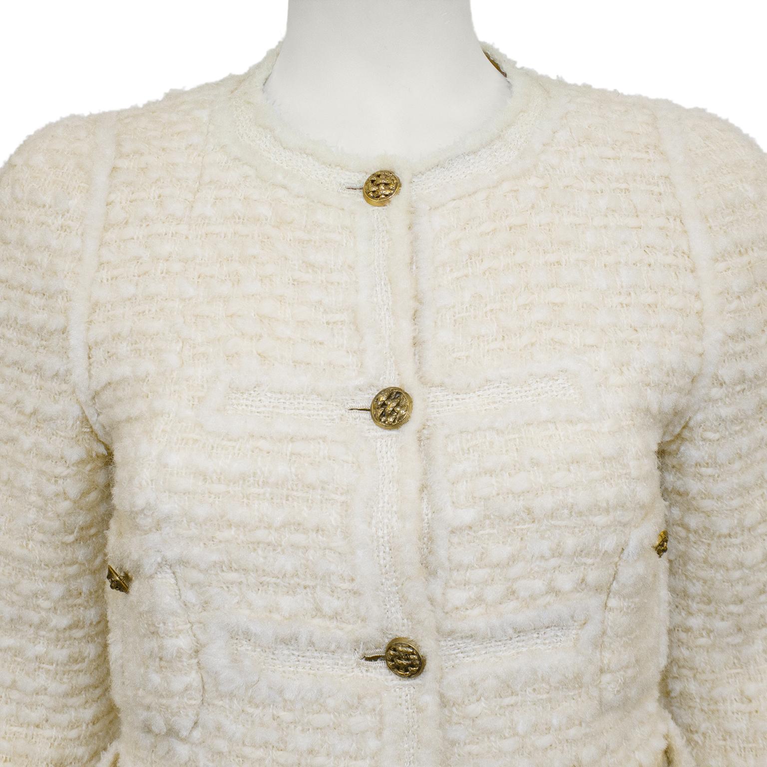 Beige Chanel Haute Couture 1980 - Combinaison avec jupe en tweed et bouclette crème  en vente