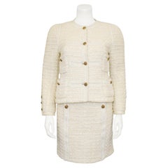 1980's Chanel Haute Couture Cream Boucle and Tweed Skirt Suit