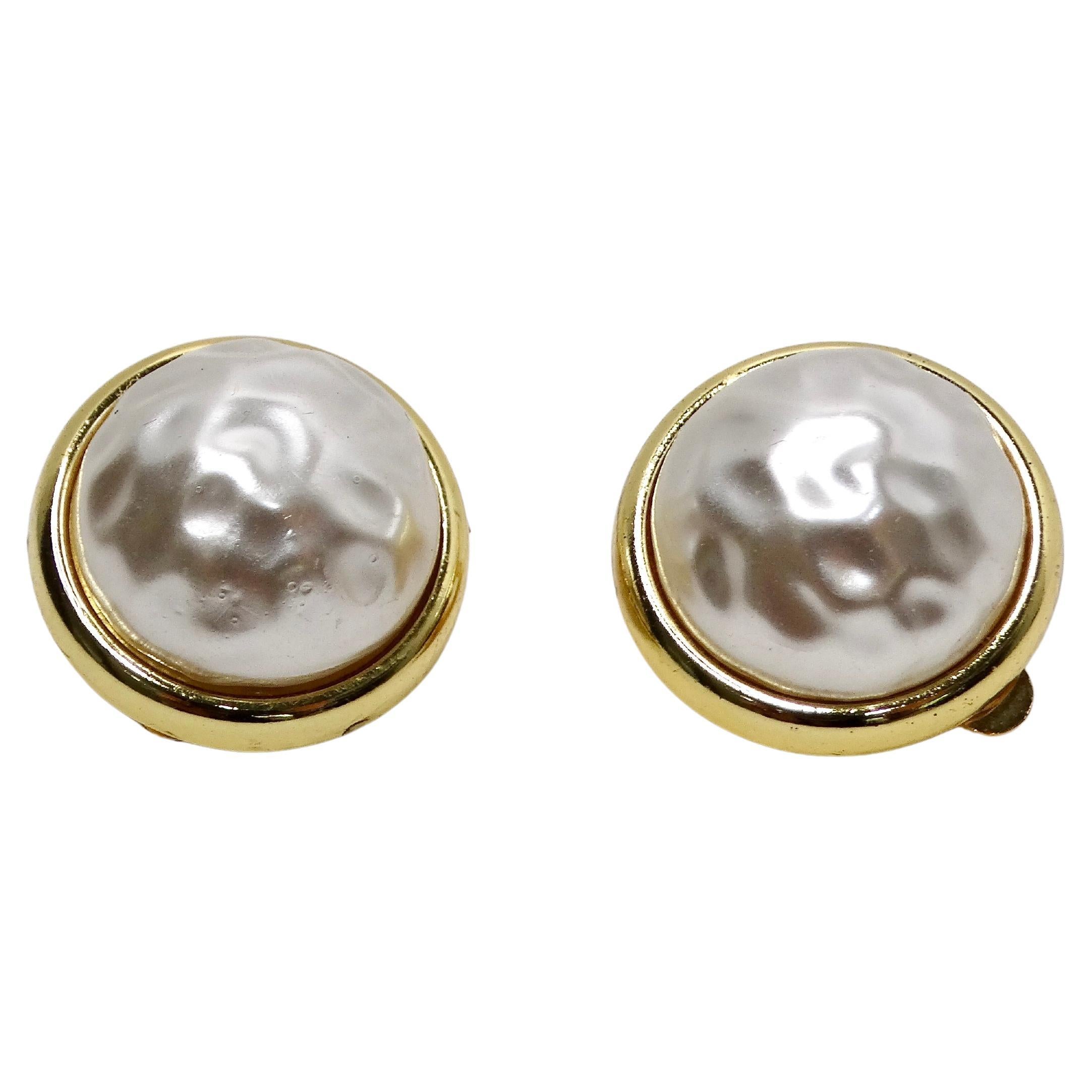 1980s Chanel Inspired 14k Gold Plated Costume Pearl Clip-On Earrings For Sale