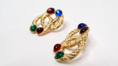 1980s Chanel Inspired Textured 14k Gold Plated Jewel-Toned Clip-On Earrings