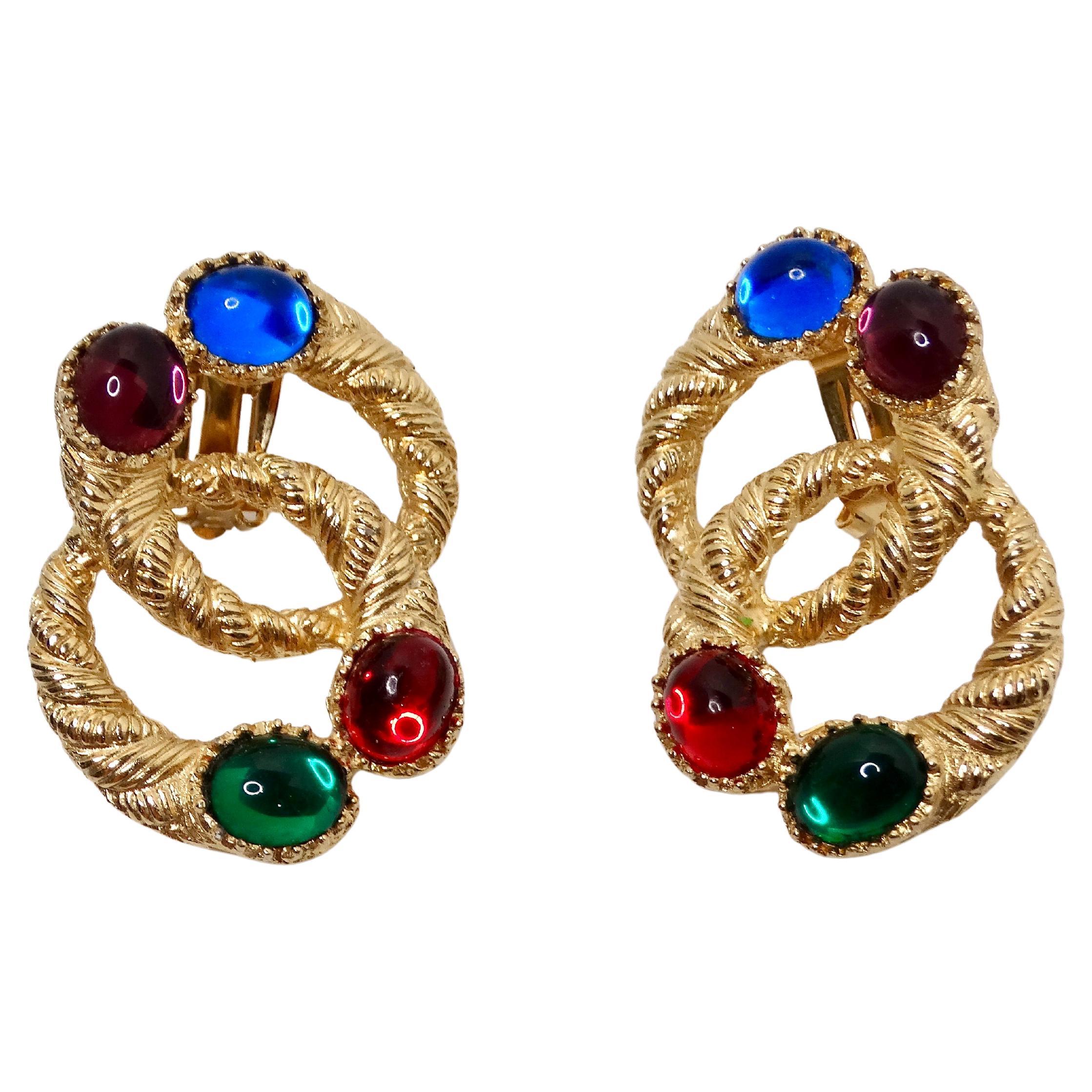 1980s Chanel Inspired Textured 14k Gold Plated Jewel-Toned Clip-On Earrings