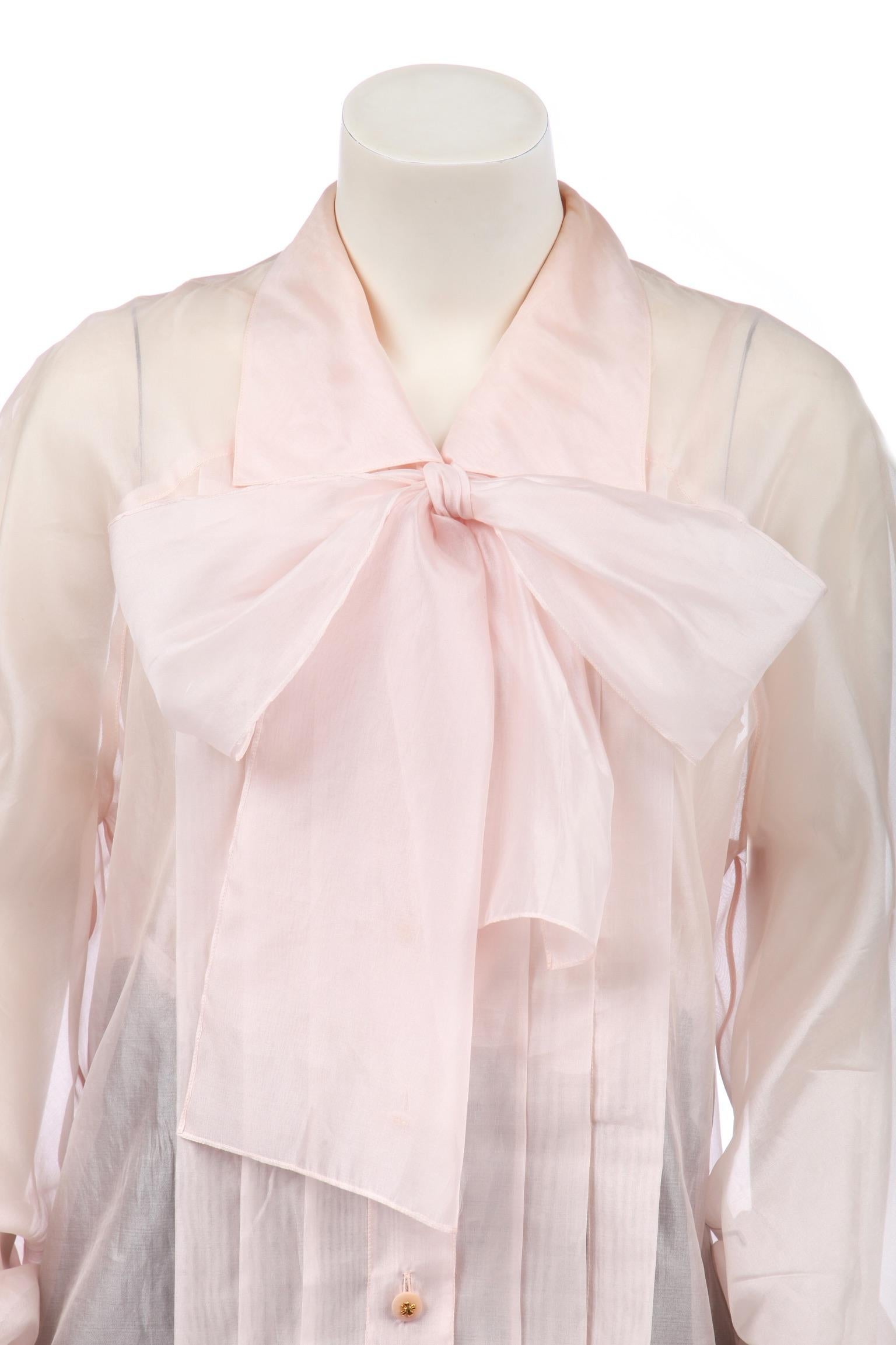Women's or Men's 1980s Chanel Karl Lagerfeld Blush Pink Silk Organza Bow Blouse with Camisole