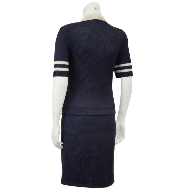 1980s Chanel Knit Navy Short Sleeve Ensemble For Sale at 1stDibs