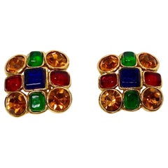 1980s Chanel Large Multicolor Gripoix Gold Tone Earrings