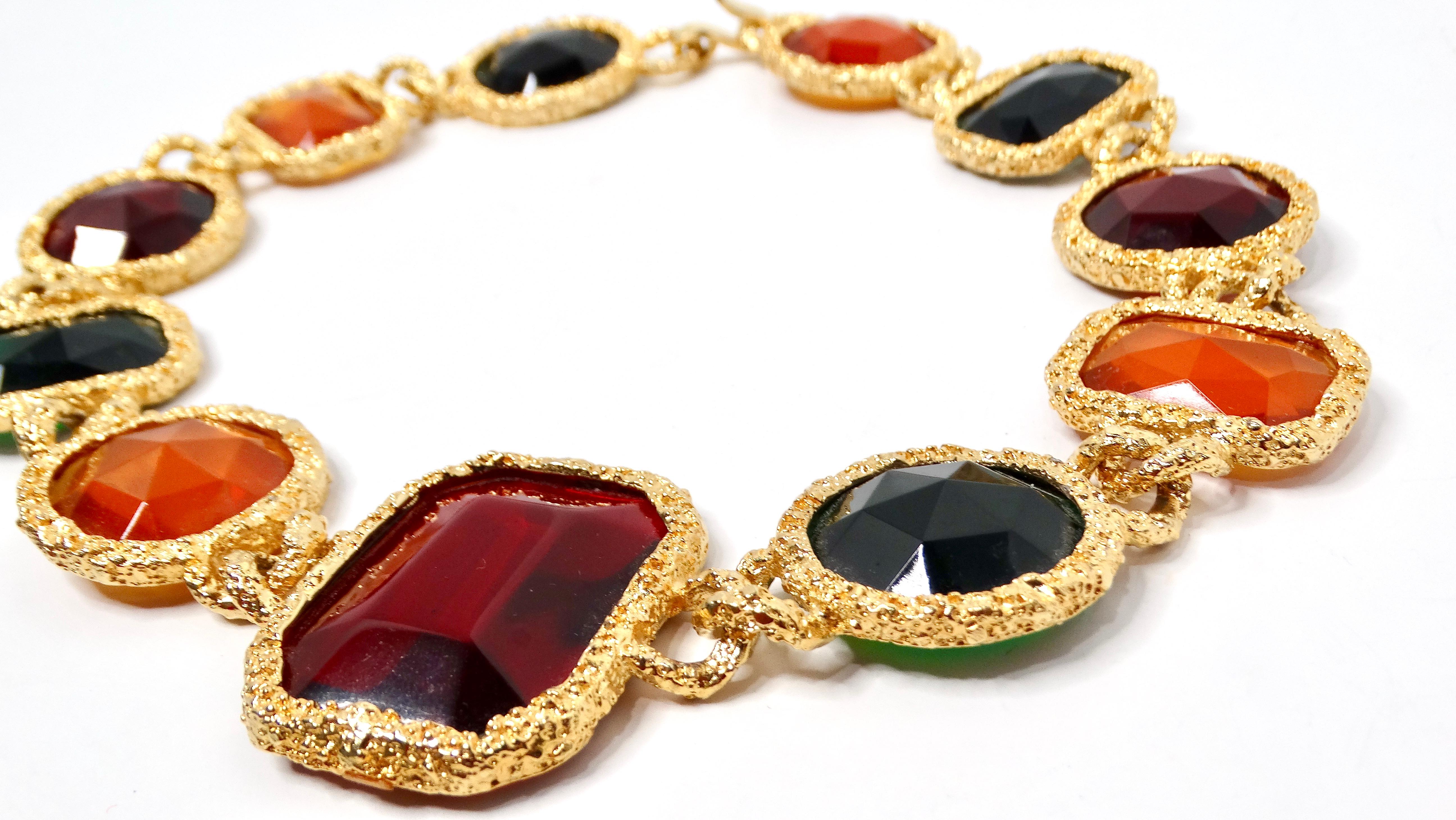 1980s Chanel-Like Colorful Jewel-Tone Costume Statement Necklace In Good Condition For Sale In Scottsdale, AZ