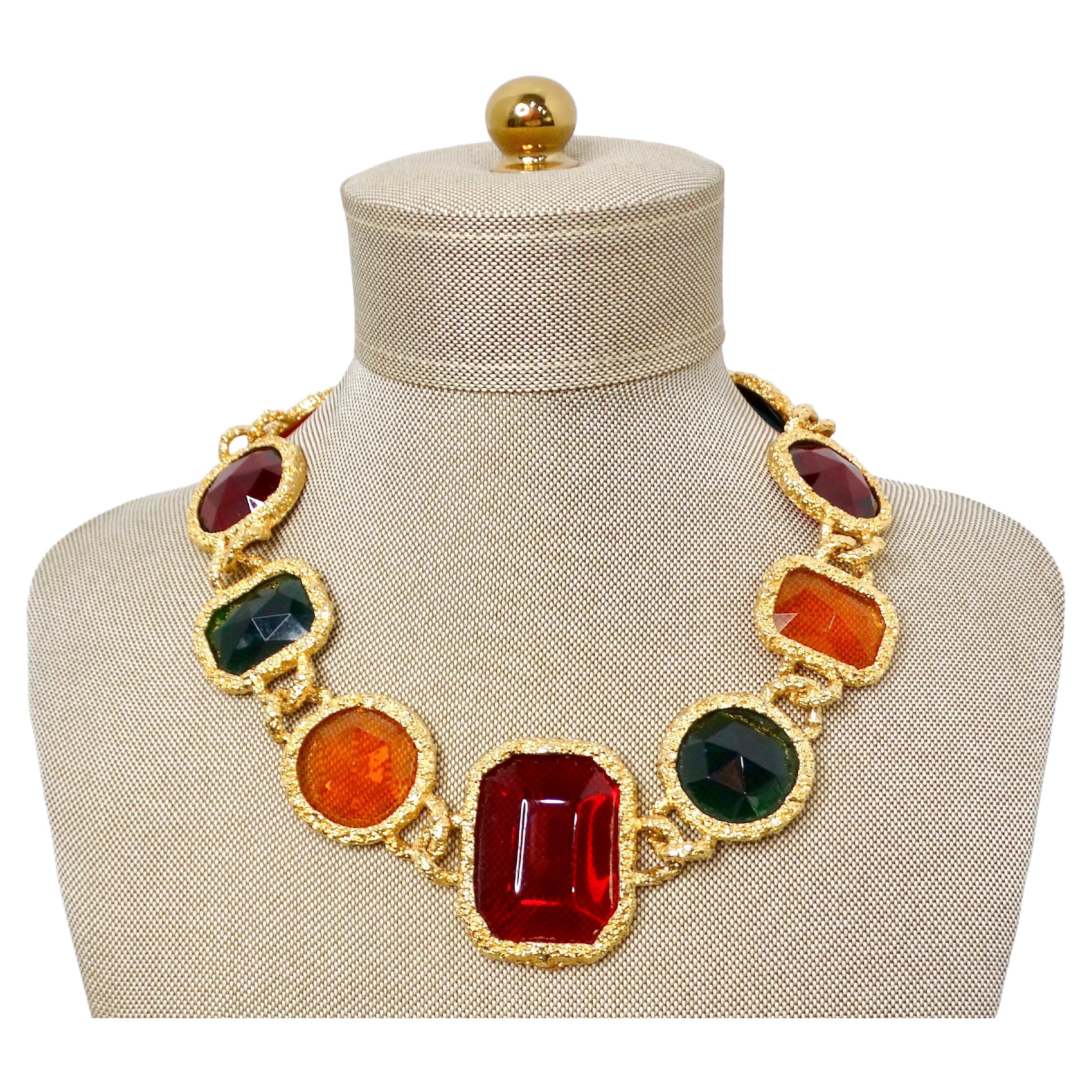 1980s Chanel-Like Colorful Jewel-Tone Costume Statement Necklace For Sale