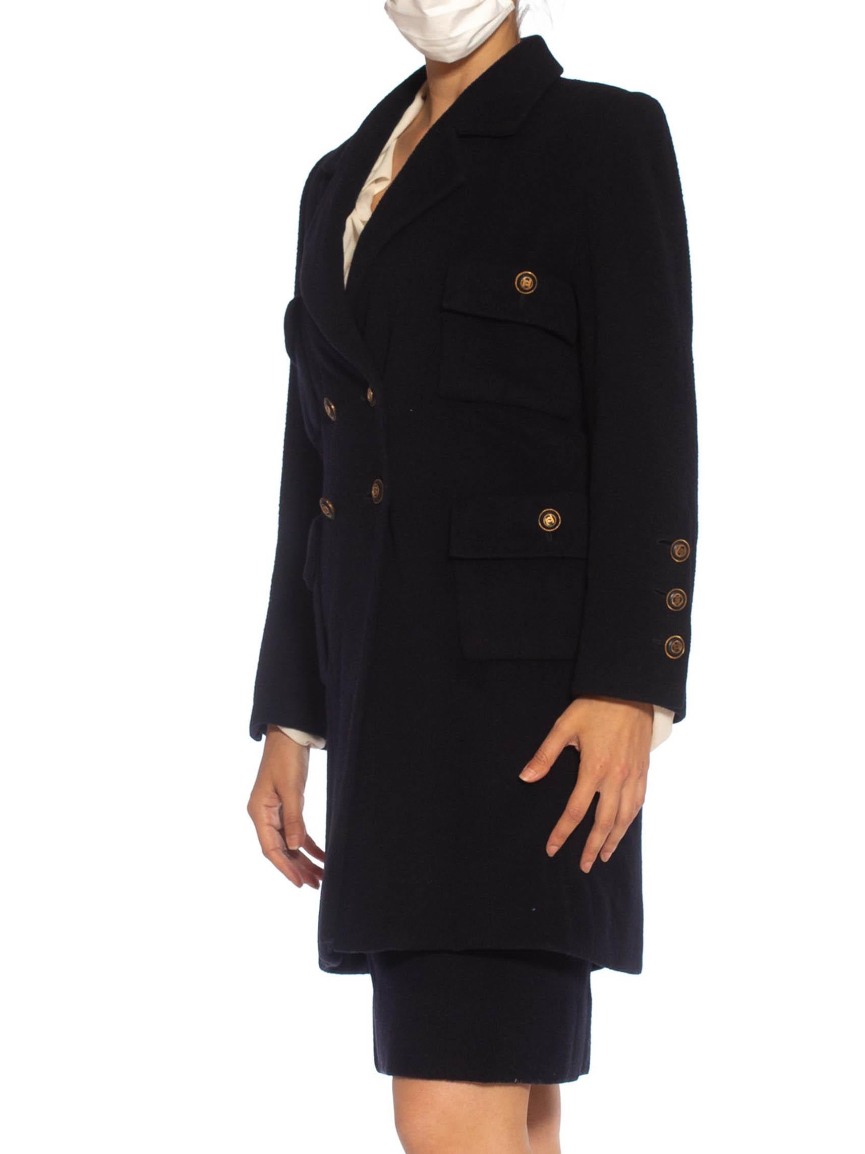 1980S CHANEL Navy Blue Haute Couture Cashmere Blend Boiled Wool 3/4 Length Coat & Pencil Skirt Suit