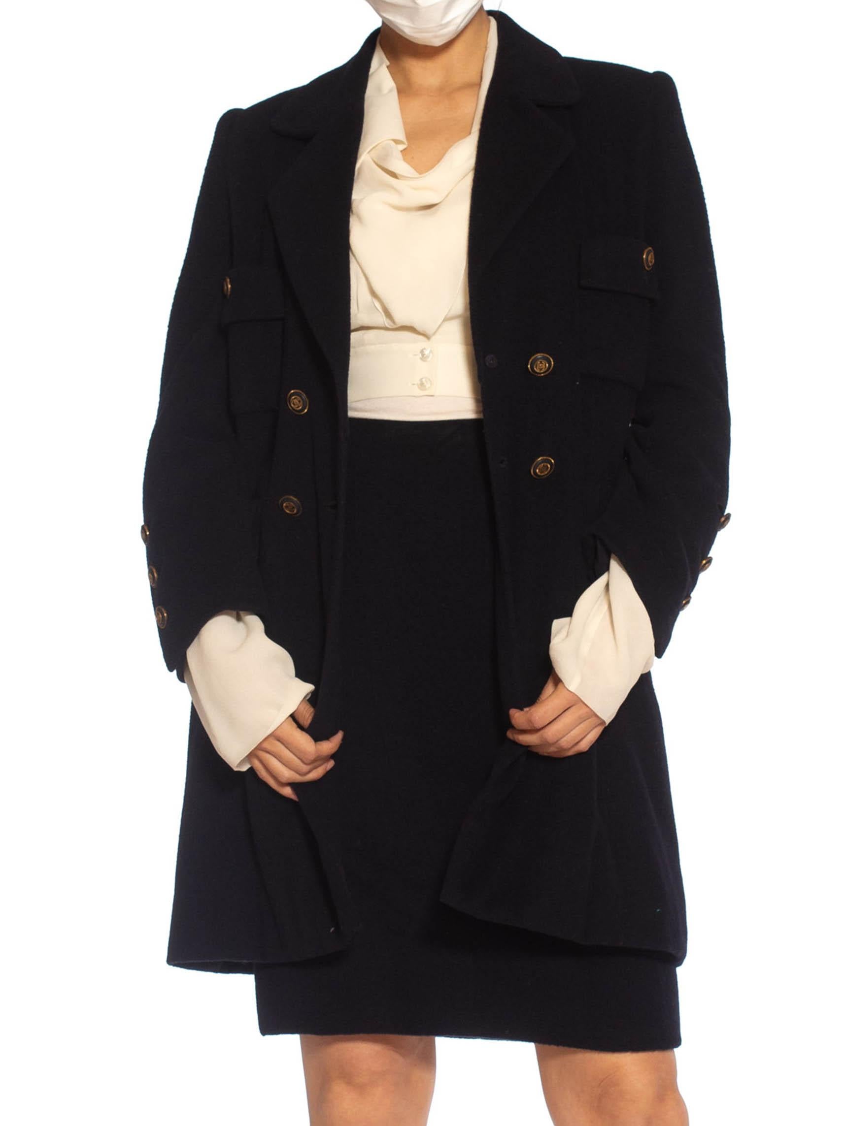 1980er CHANEL Marineblauer Mantel Haute Couture aus Kaschmirmischung und Wolle 3/4 Länge (Schwarz) im Angebot