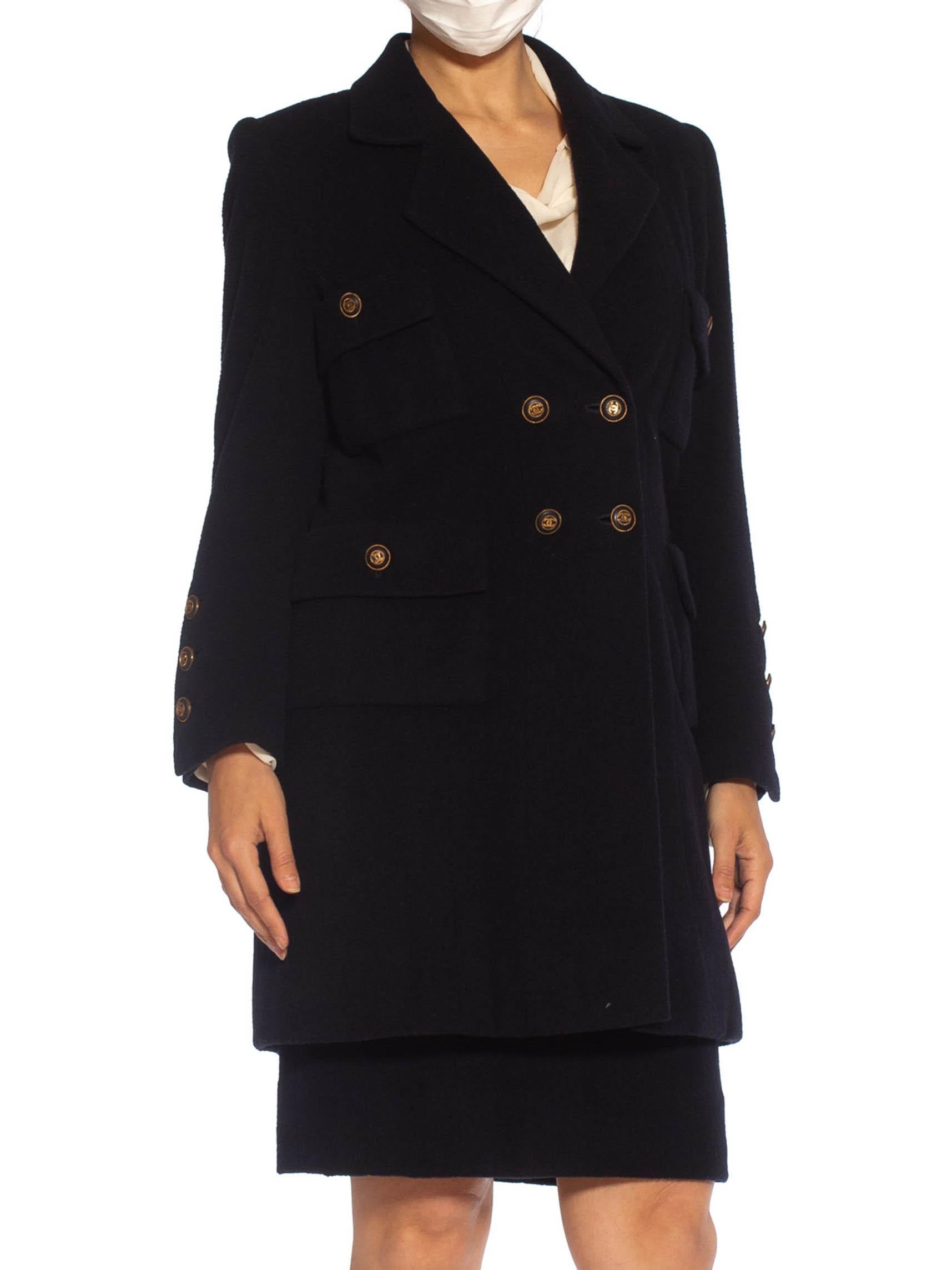 1980S CHANEL Navy Blue Haute Couture Cashmere Blend Boiled Wool 3/4 Length Coat For Sale 3