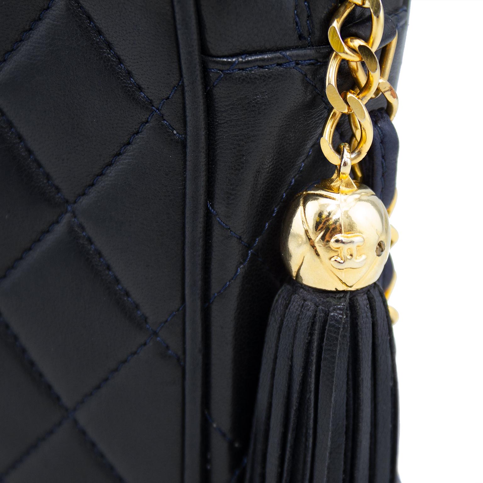 Black 1980s Chanel Navy Blue Quilted Leather Large Camera Bag 
