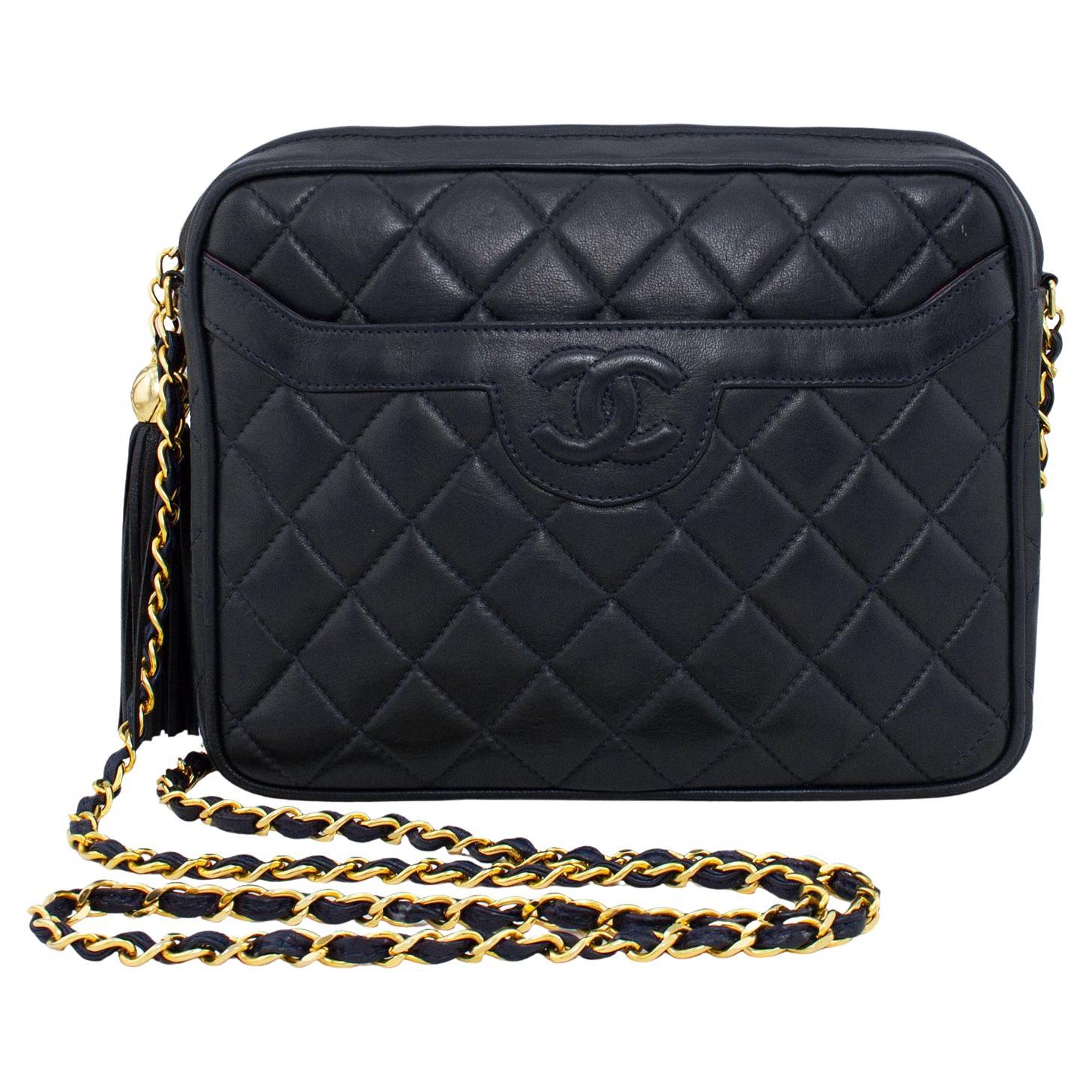 1980s Chanel Navy Blue Quilted Leather Large Camera Bag