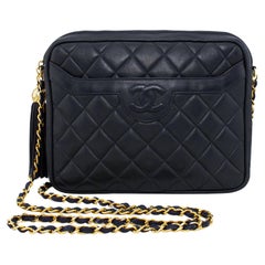 Vintage 1980s Chanel Navy Blue Quilted Leather Large Camera Bag