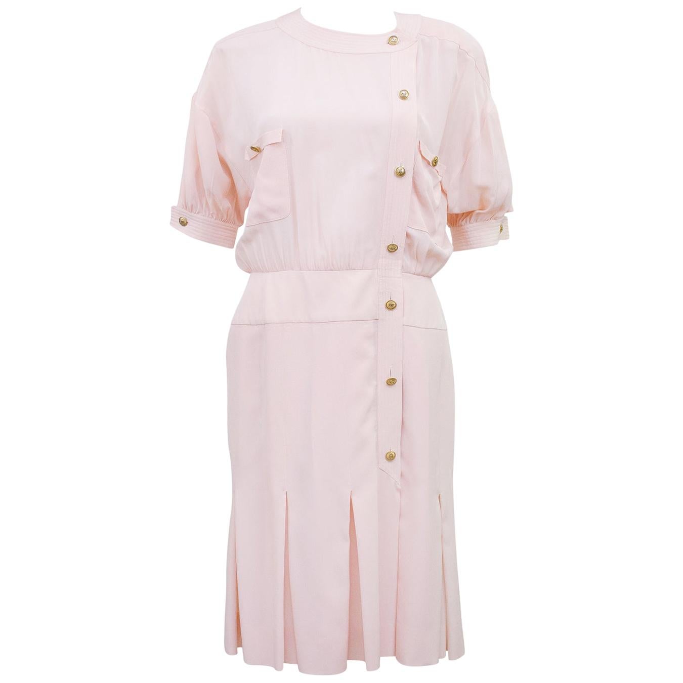1980s Chanel Pale Pink Silk/Satin Day Dress 