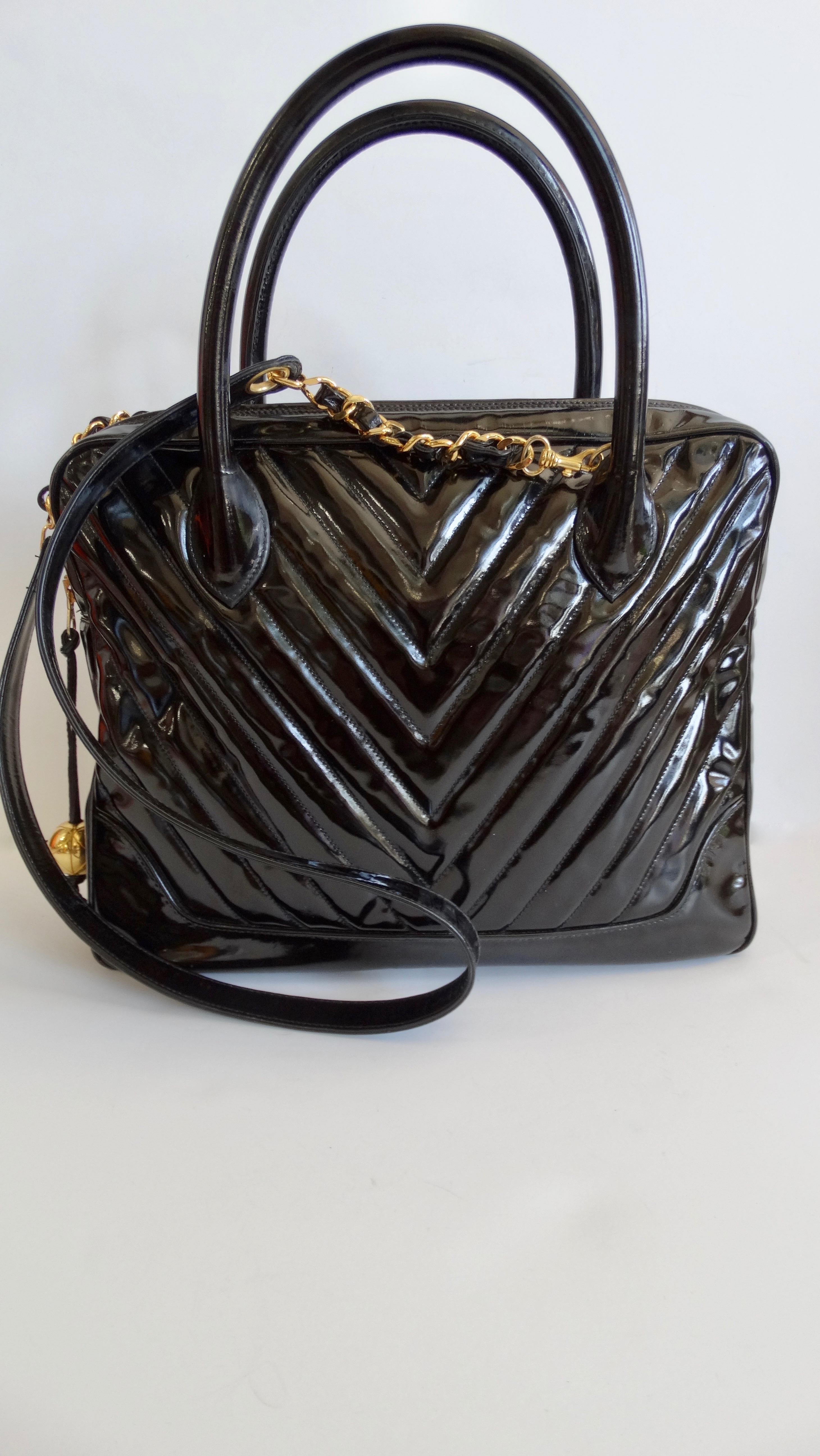 1980s Chanel Patent Leather Chevron Quilted Bag 8