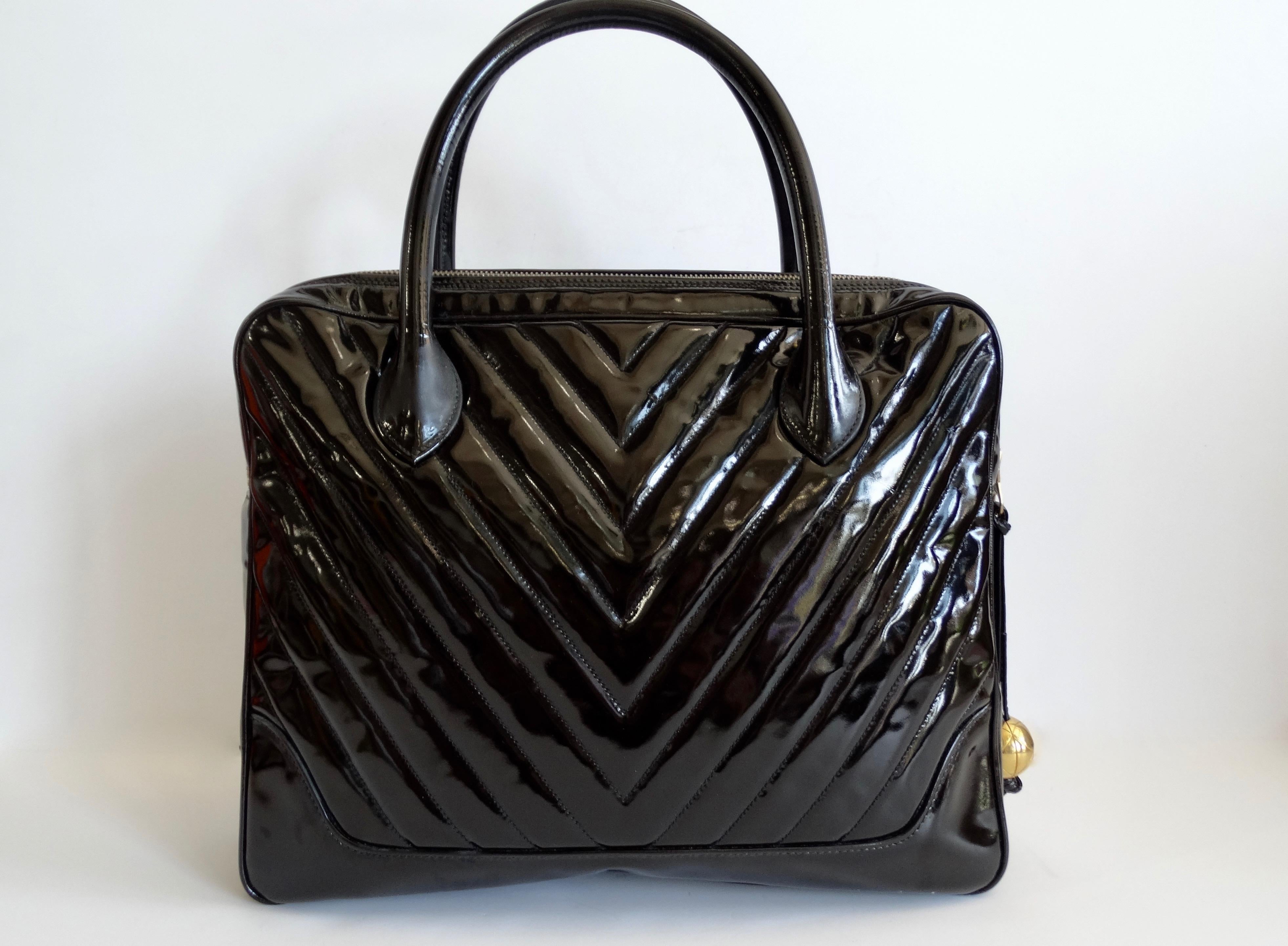 1980s Chanel Patent Leather Chevron Quilted Bag 1
