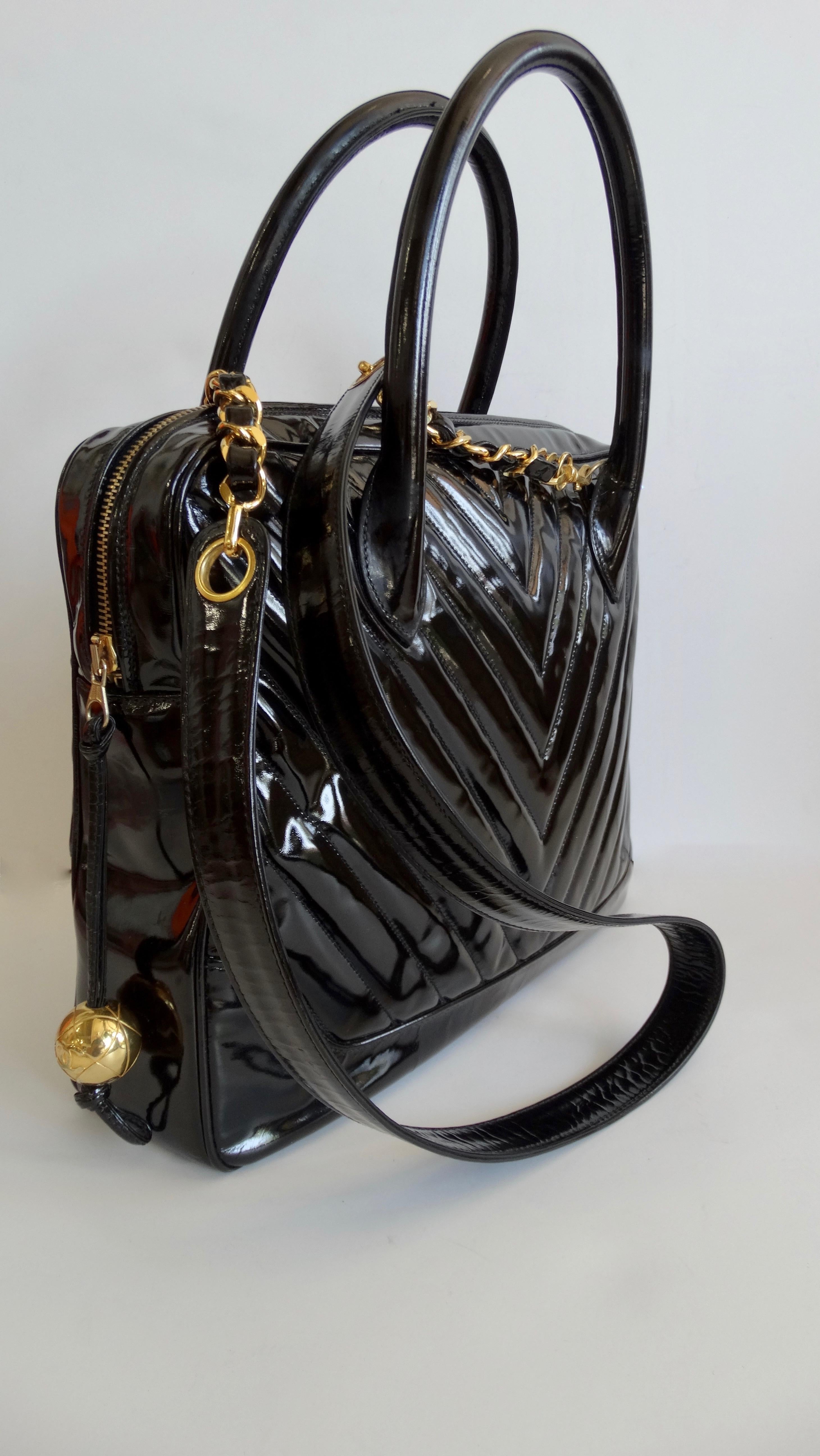 1980s Chanel Patent Leather Chevron Quilted Bag 3