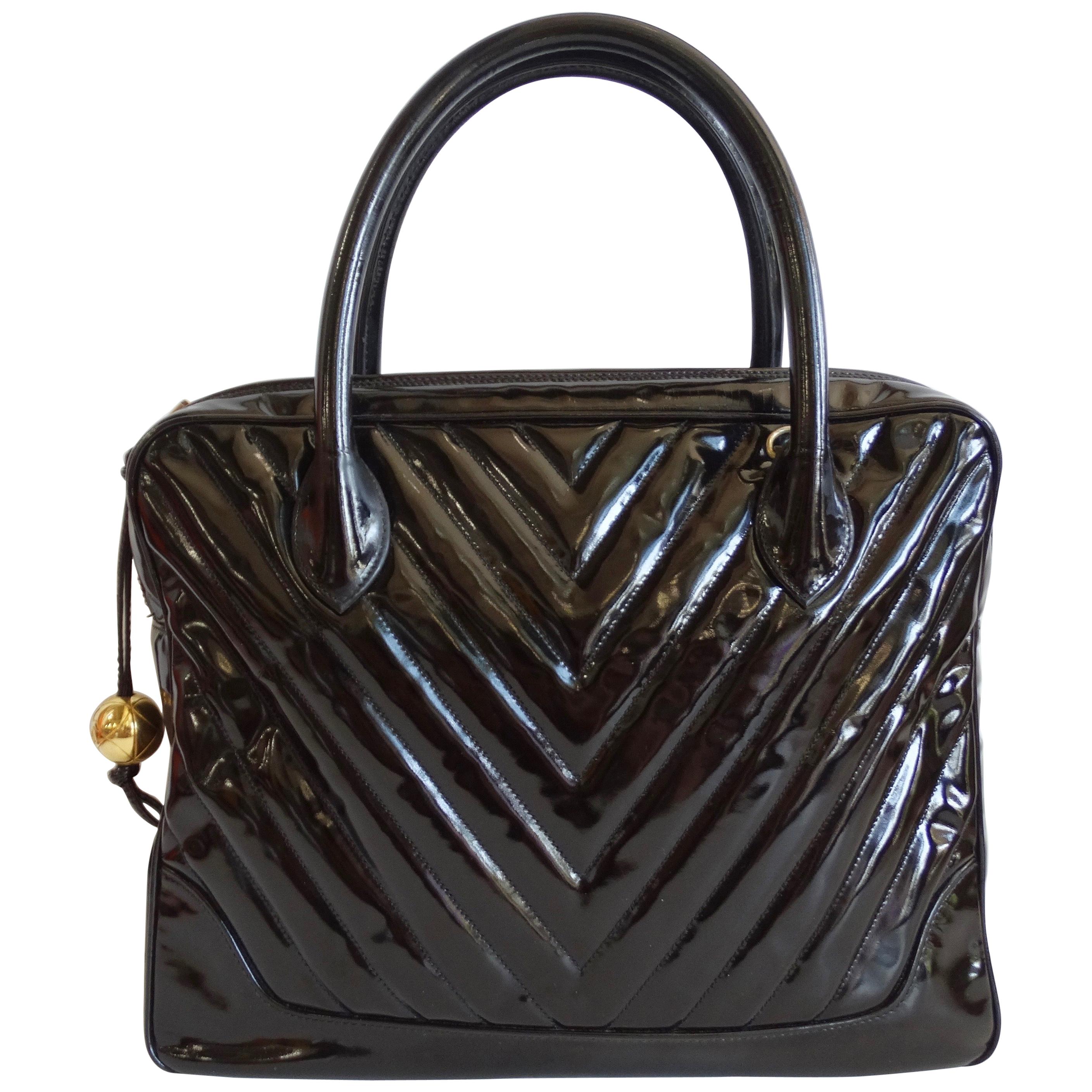 1980s Chanel Patent Leather Chevron Quilted Bag