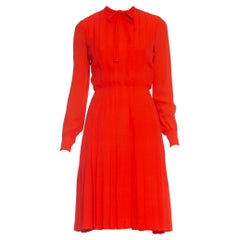 1980S CHANEL Persimmon Haute Couture Silk Crepe Bow Neck Dress With Sleeves
