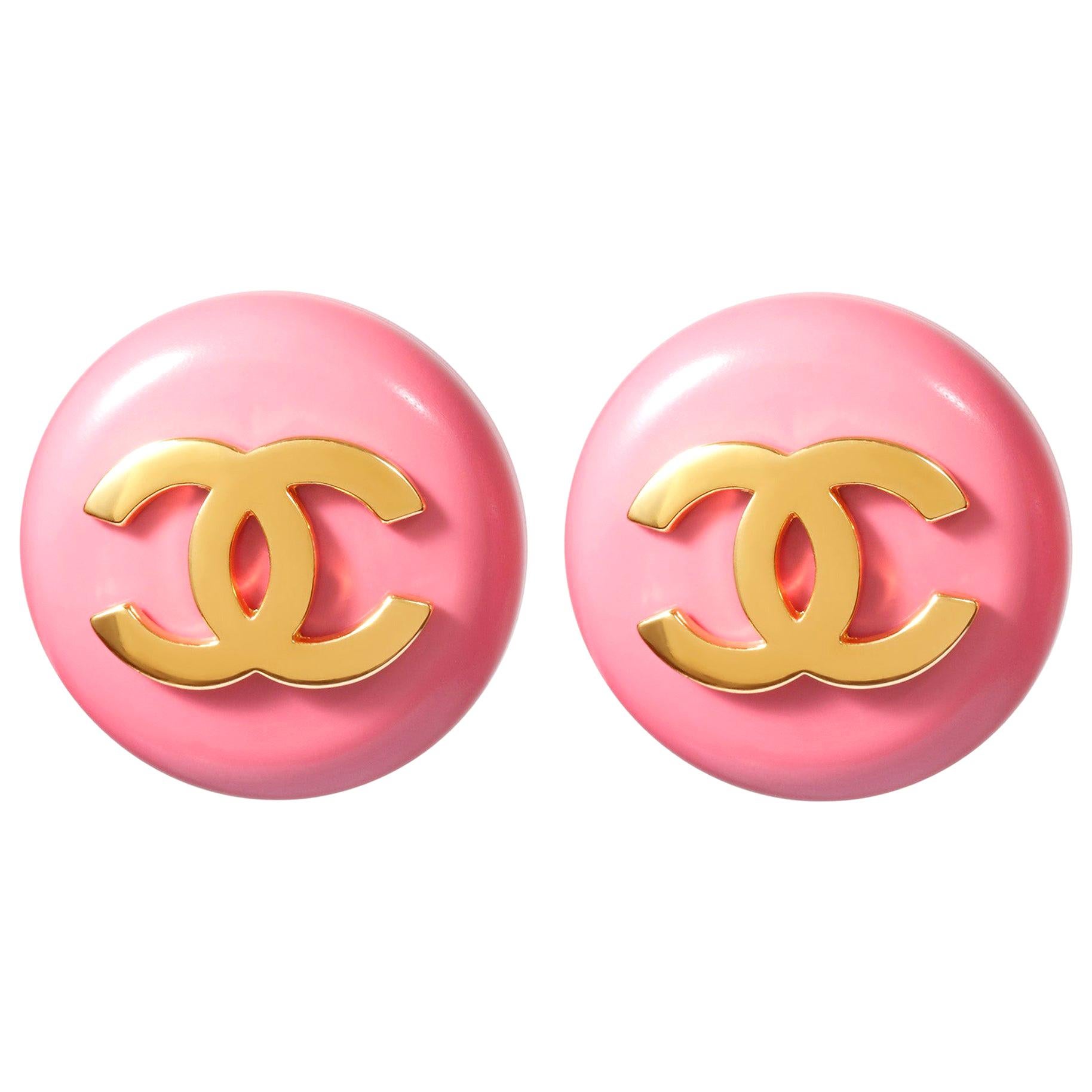 1980s Chanel Pink Lucite Gold Logo Earrings