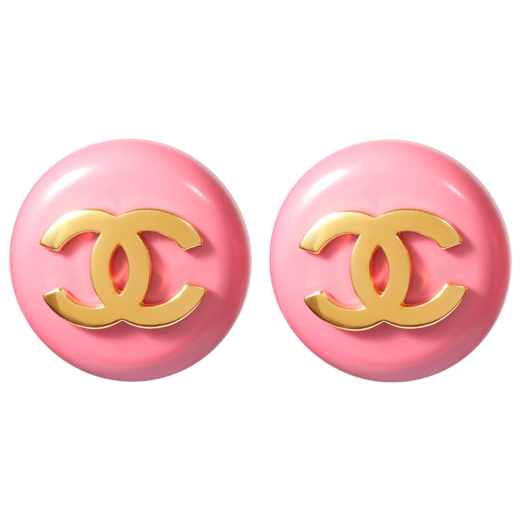 1980s Chanel Pink Lucite Gold Logo Earrings