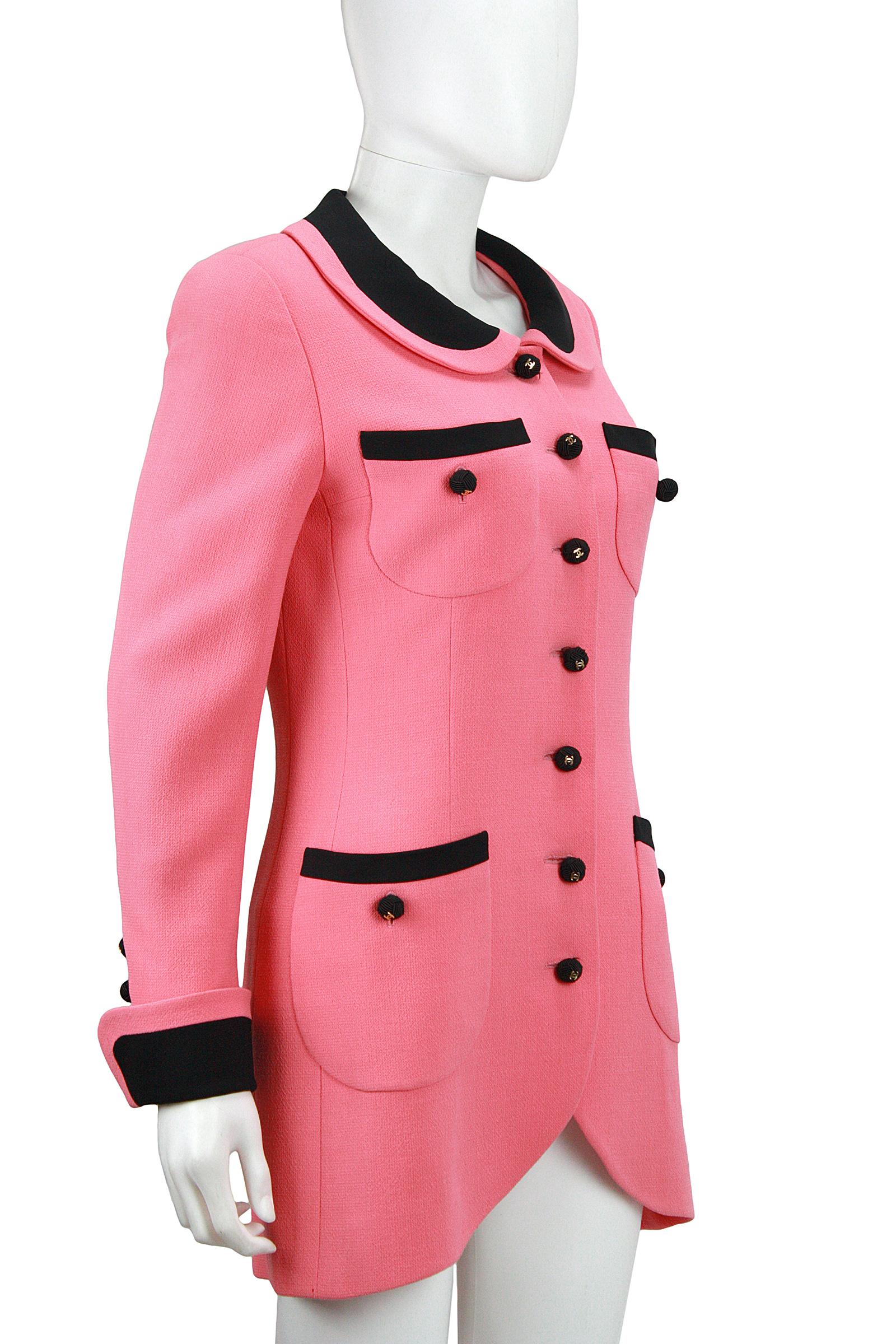 pink blazer with black trim