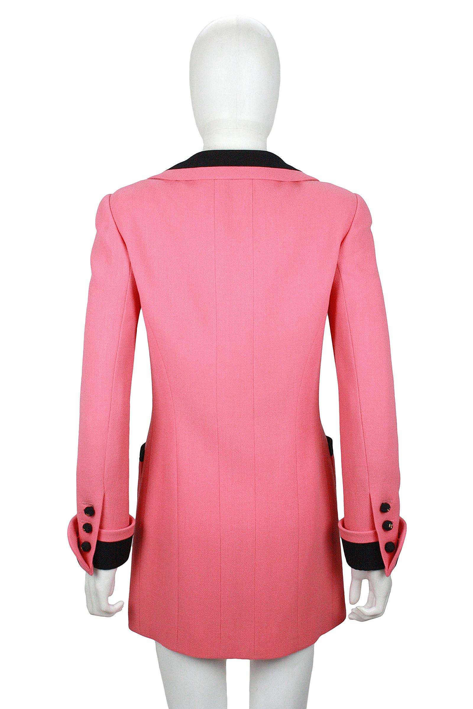 1980s Chanel Pink, Black Trim Peter Pan Collar & Tulip Hem Jacket, or Mini-Dress In Good Condition In Los Angeles, CA