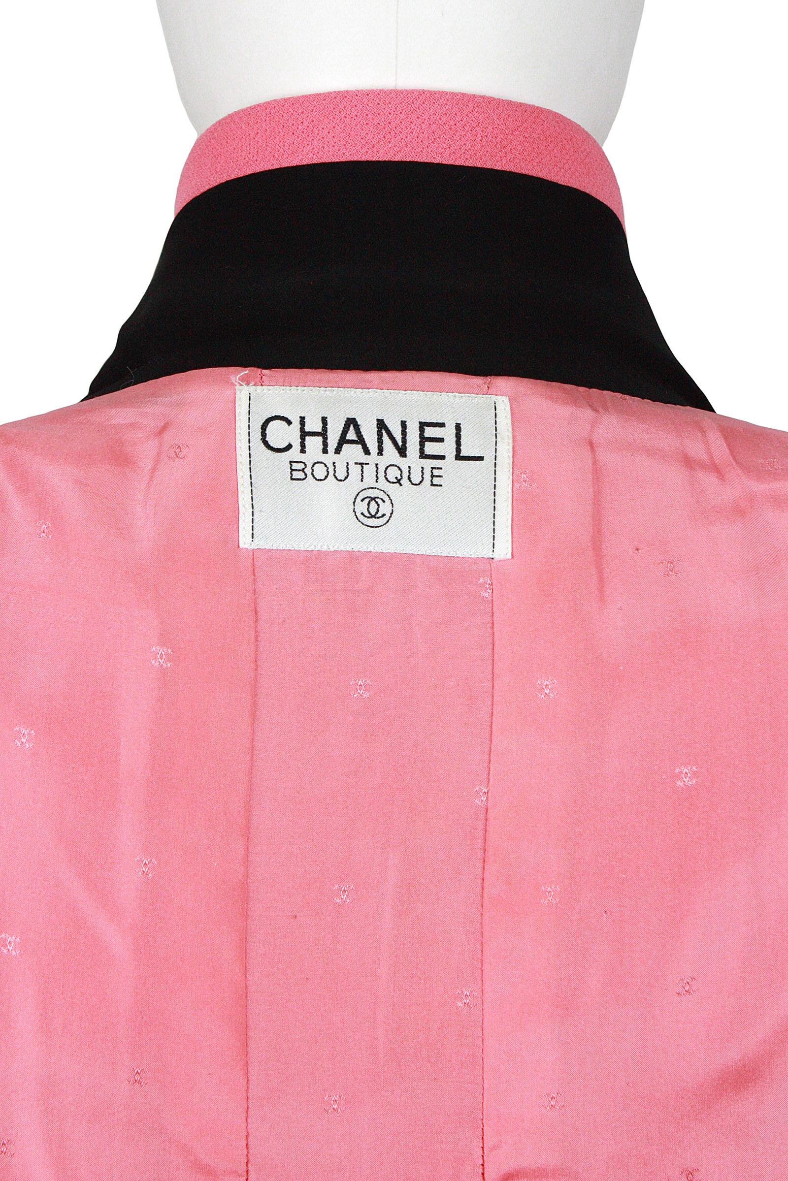 1980s Chanel Pink, Black Trim Peter Pan Collar & Tulip Hem Jacket, or Mini-Dress 1