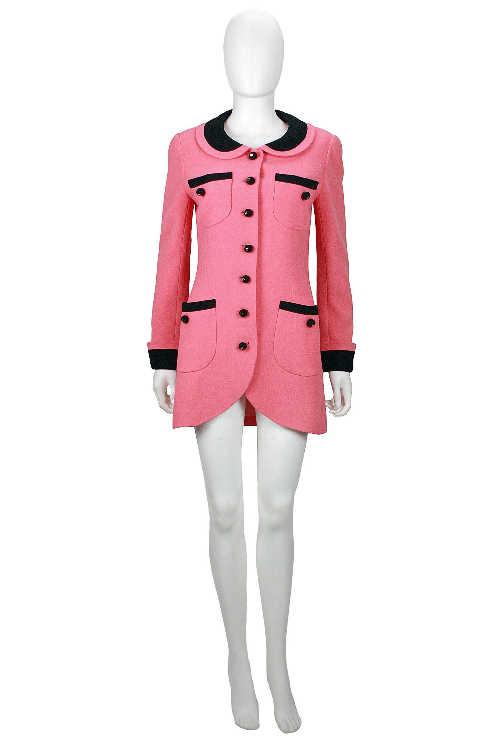 1980s Chanel Pink, Black Trim Peter Pan Collar & Tulip Hem Jacket, or Mini-Dress 2