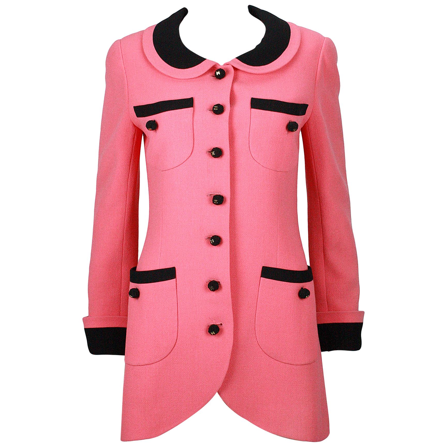 1980s Chanel Pink, Black Trim Peter Pan Collar & Tulip Hem Jacket, or Mini-Dress