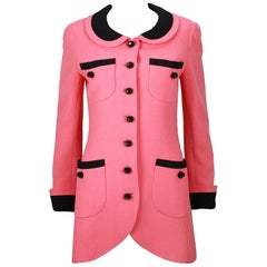 Vintage 1980s Chanel Pink, Black Trim Peter Pan Collar & Tulip Hem Jacket, or Mini-Dress