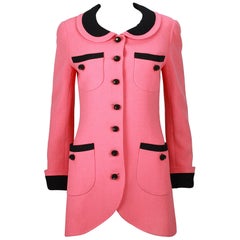 Retro 1980s Chanel Pink, Black Trim Peter Pan Collar & Tulip Hem Jacket, or Mini-Dress