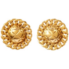 1980s Chanel Quilted Gold Tone Earrings With CC Signature