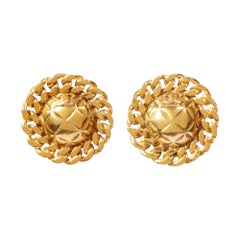 1980s Chanel Quilted Gold Tone Earrings With CC Signature