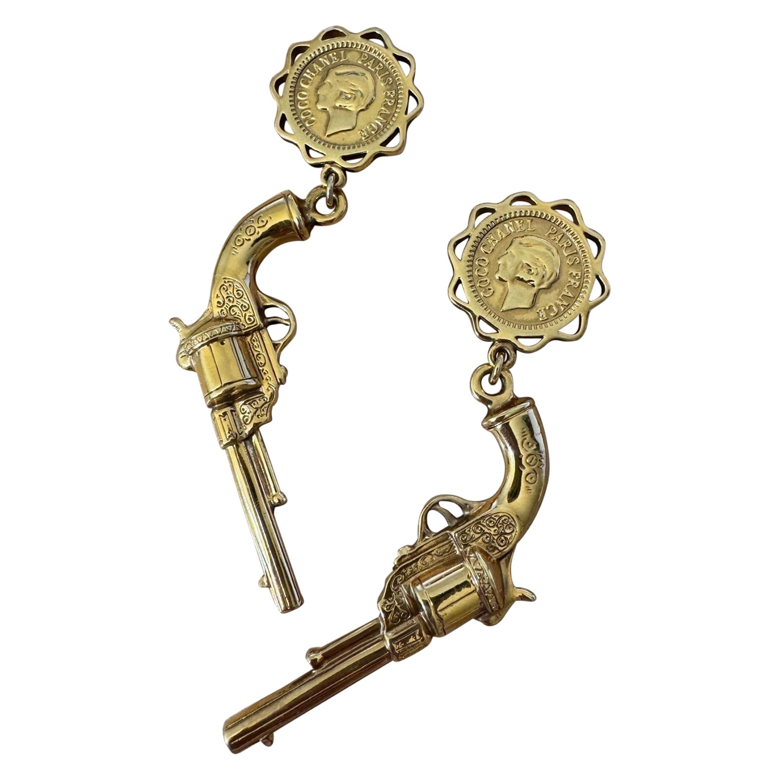 1980s Chanel Rare Gold Tone Pistol Clip-on Earrings